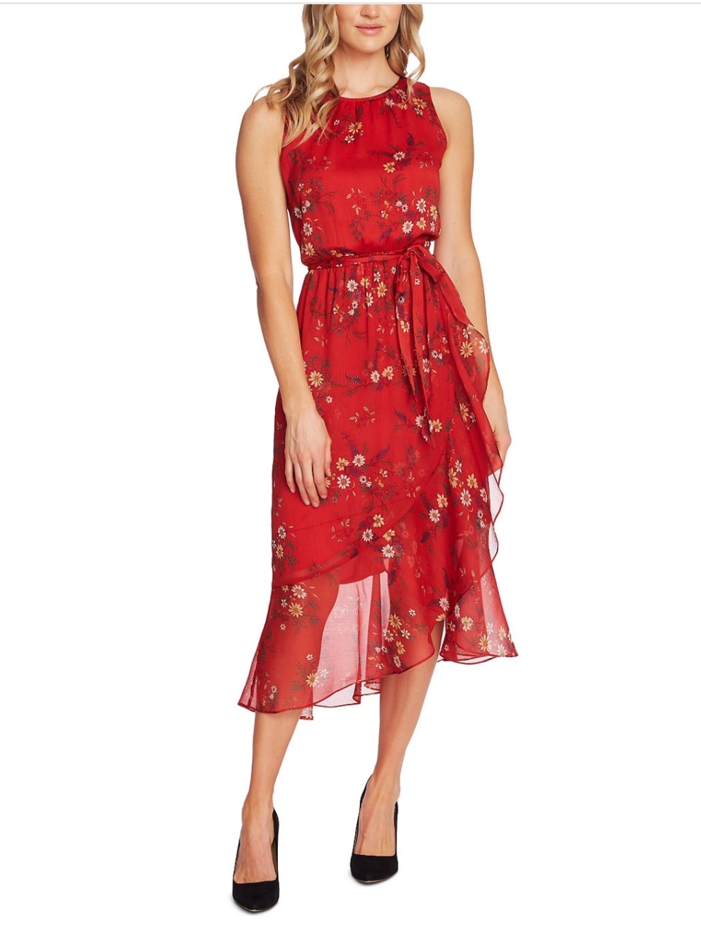Vince Camuto Red Floral Sleeveless Tie-Waist Midi Dress